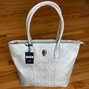 Cavalli Class tote in a matte silver color. NWT, never used, pristine condition.
